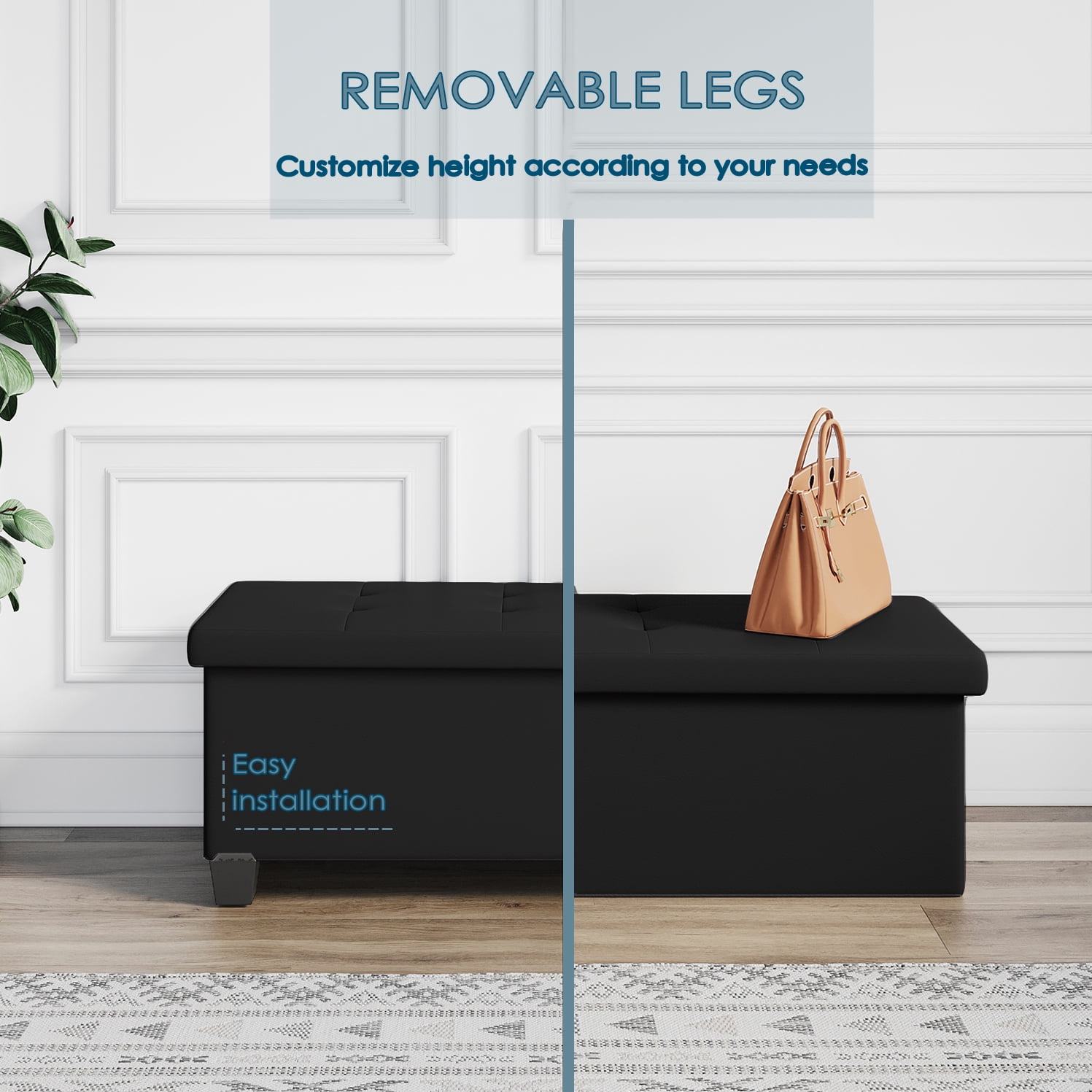StorageBud Ottoman with Storage Bench, 43-inch Storage Ottoman, Leather, Black