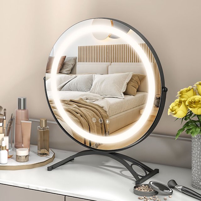 Gymax 16'' Round Makeup Vanity Mirror 3 Color Dimmable Lights Memory Function Black