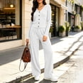 thumbnail image 4 of Women's 2 Piece Casual Knit Set V Necklinen Full Buttom Down Top Wide Leg Pants Casual Suits for Fall White XL, 4 of 6