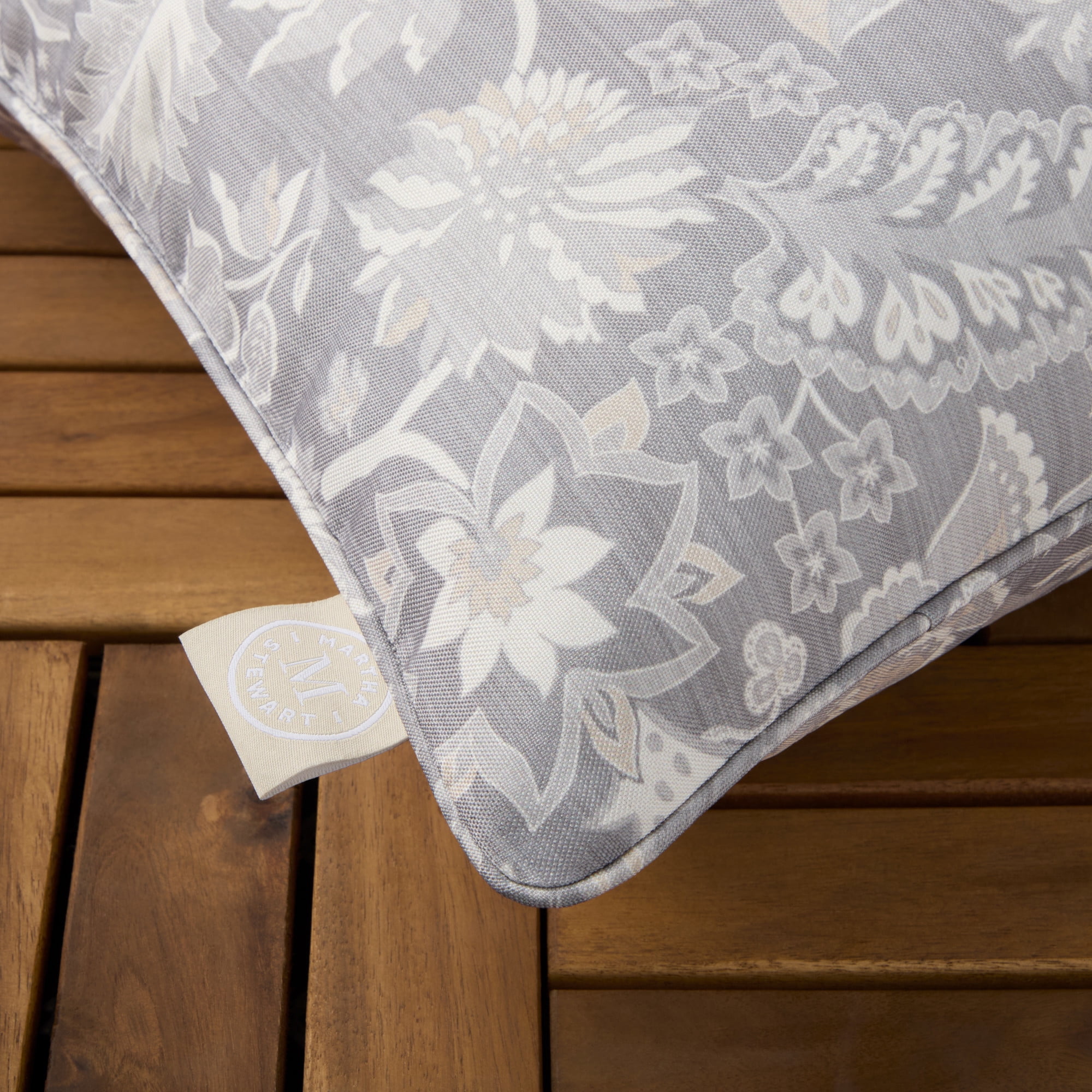 MARTHA STEWART Distressed Jacobean Indoor Outdoor Decorative Pillow 2-Pack Set, UV Fade Resistant, Water Repellent, Printed Floral Design, Grey, 18"x18"