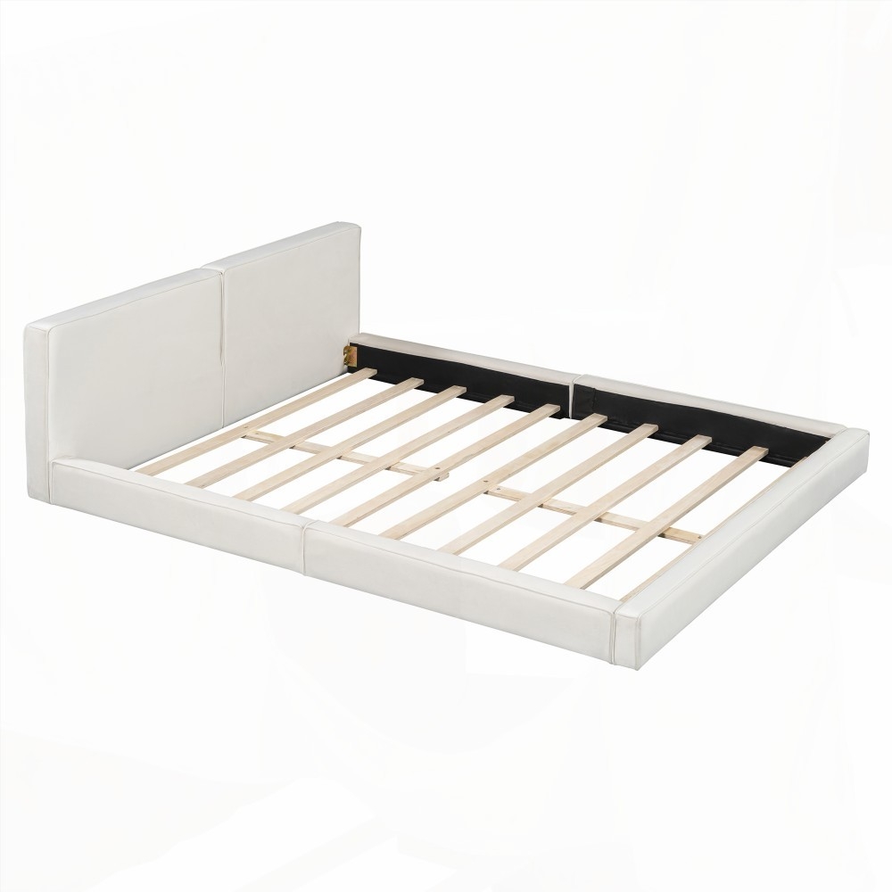Queen Size Velvet Upholstered Bed with Solid Frame, Beige