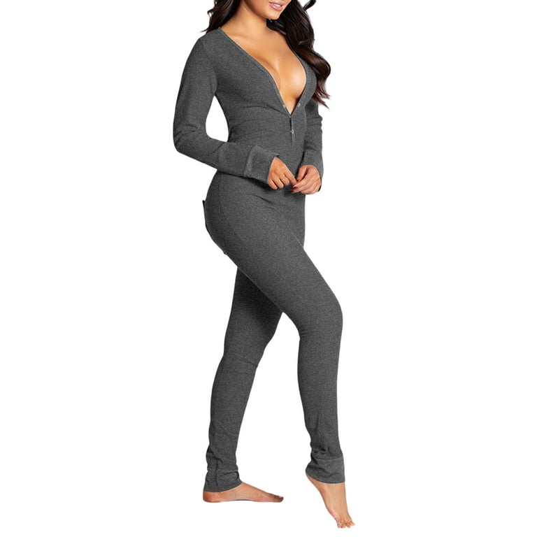 Women Butt Flap Pajamas Button Down Front Buttoned Flap Adults Jumpsuit One Piece Sleepwear Walmart