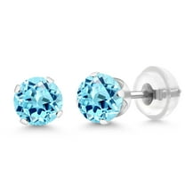 Gem Stone King Round 5mm Aqua Apatite 0.99 Ct in 10K White Gold Stud Earrings for Women Men