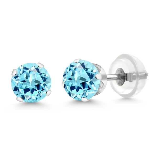 Gem Stone King Round 5mm Aqua Apatite 0.99 Ct in 10K White Gold Stud Earrings for Women Men