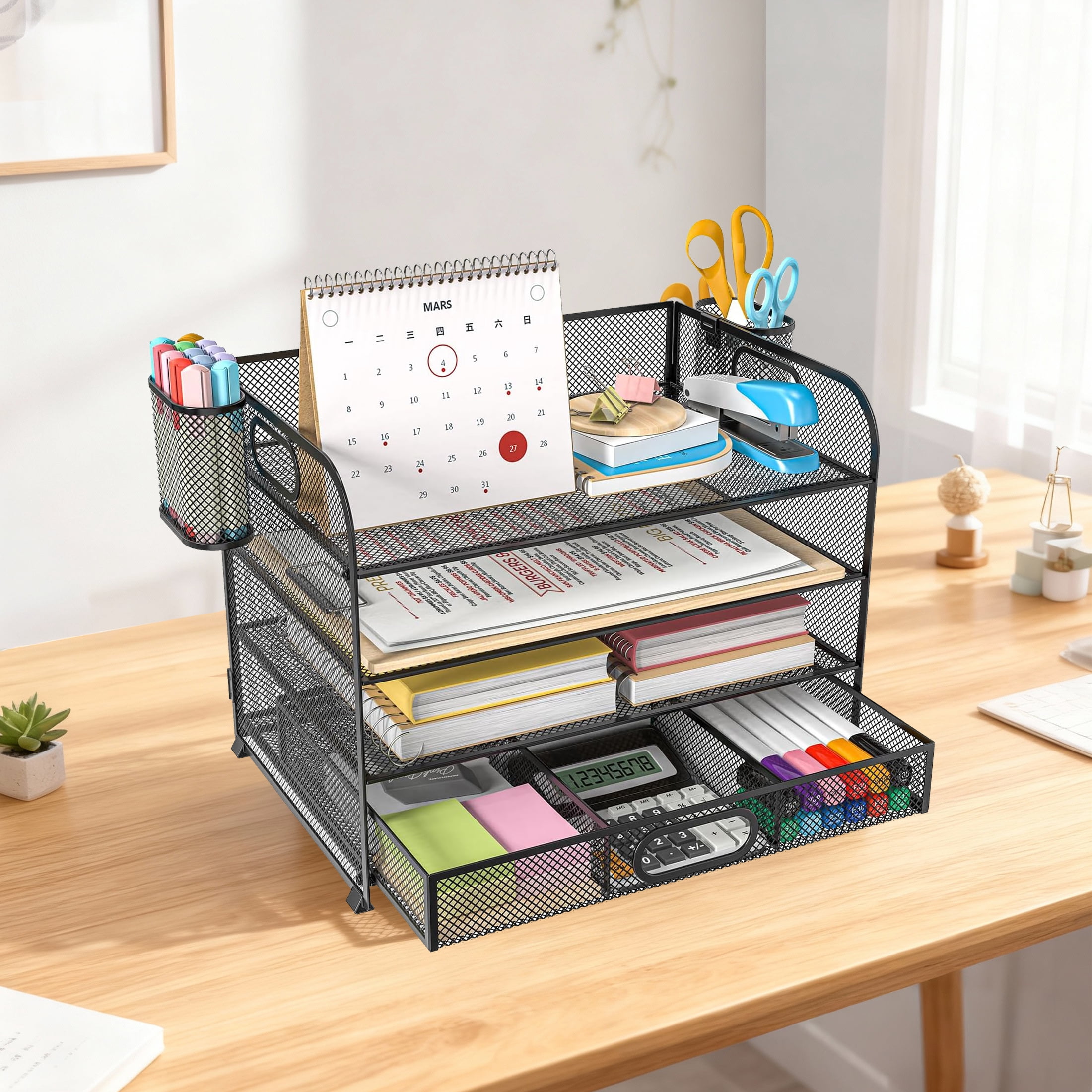 cisilov Desk Organizer, 4-Tier Paper Letter File Organizers with 2 Pen Holder, Mesh Desktop Organizer for Office Organization and Storage, Black