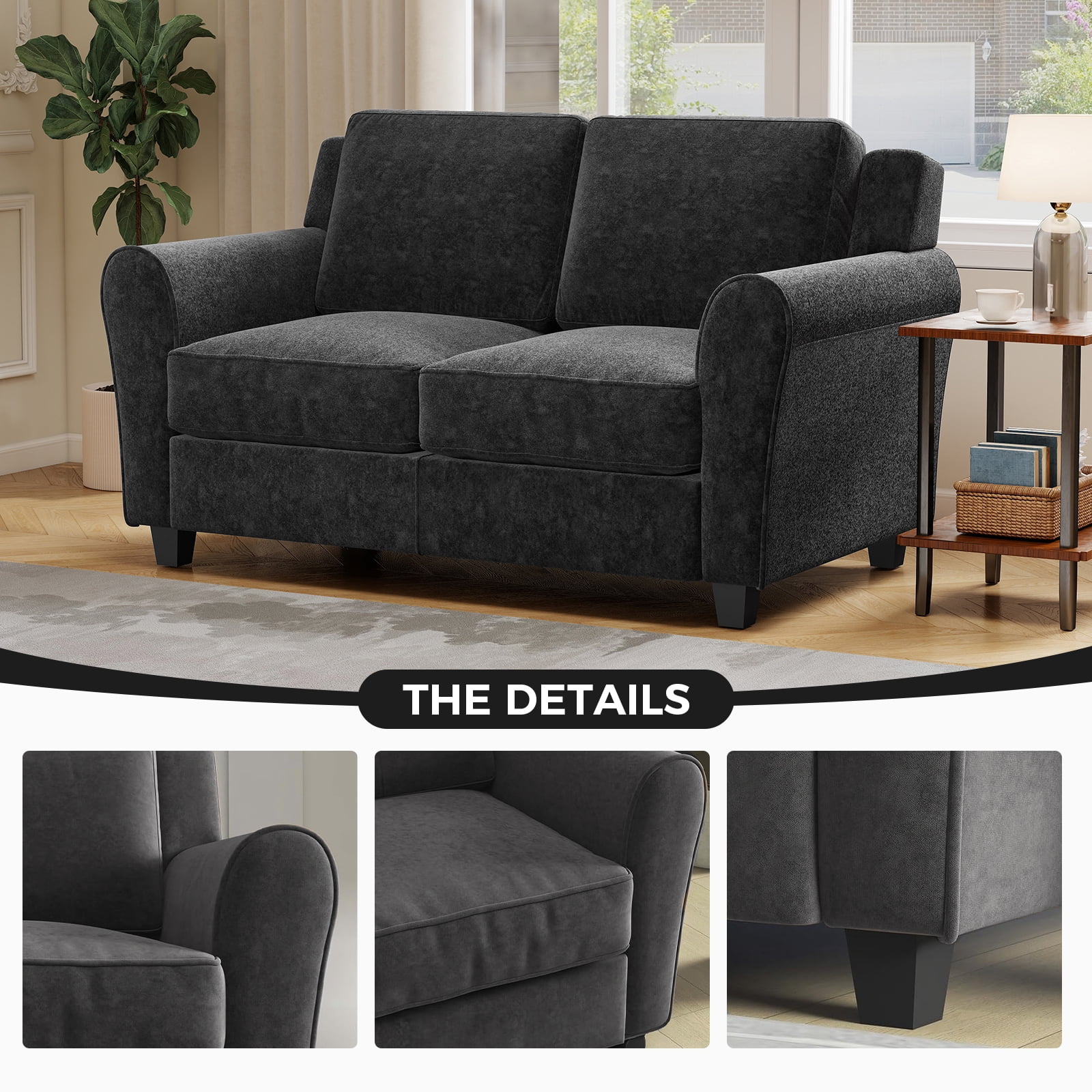 Ebello Modern Loveseat Sofa, 2-Seater Upholstered Sofa Couch with Thick Cushions for Living Room and Bedroom, Black