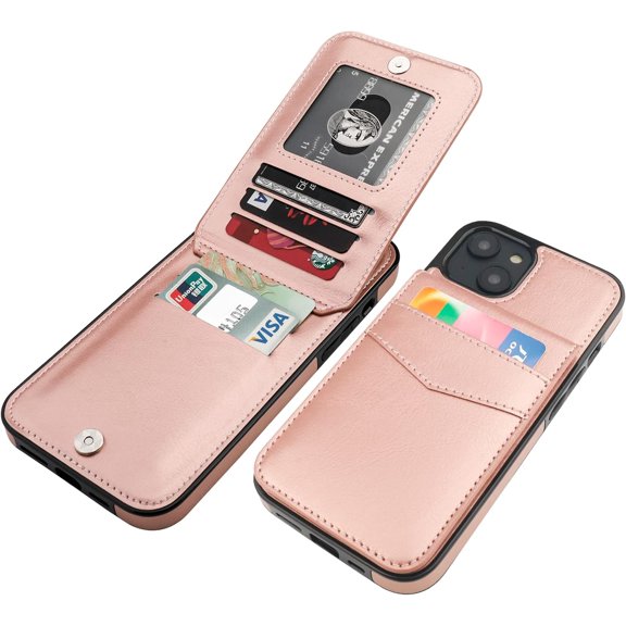 REQO Compatible with iPhone 14 Plus Case Wallet with Credit Card Holder, Flip Premium Leather Magnetic Clasp Kickstand Heavy Duty Protective Cover for iPhone 14 Plus 6.7 Inch (Rose Gold)