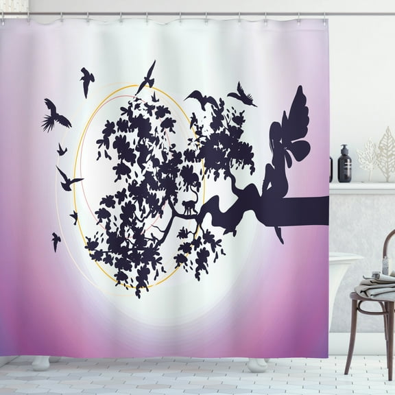 Ambesonne Anime Shower Curtain, Fantasy Tree Birds, 69"Wx75"L, Dark Purple and Fuchsia
