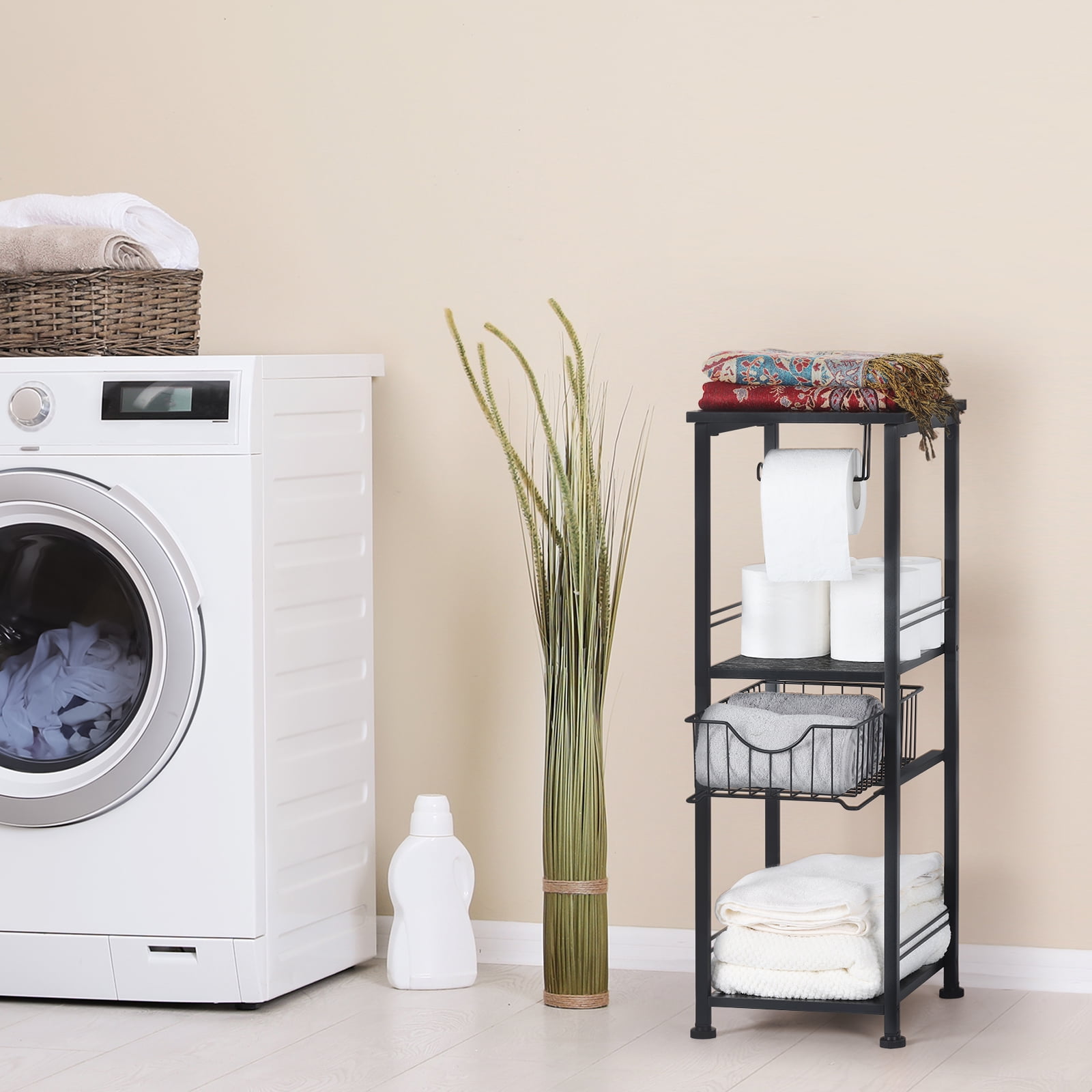 Black Freestanding Bathroom Storage Cabinet with Drawer & Toilet Paper Holder - Narrow Side Shelf for Towel, Toiletries, Laundry Room, Kitchen Pantry