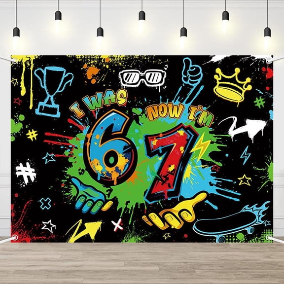 Graffiti 7th Birthday Backdrop Neon Spray Paint Street Art Birthday Background for Boys I was 6 Now I'm 7 Hip-Hop Colorful Paint Splatter Birthday Party Decorations Banner
