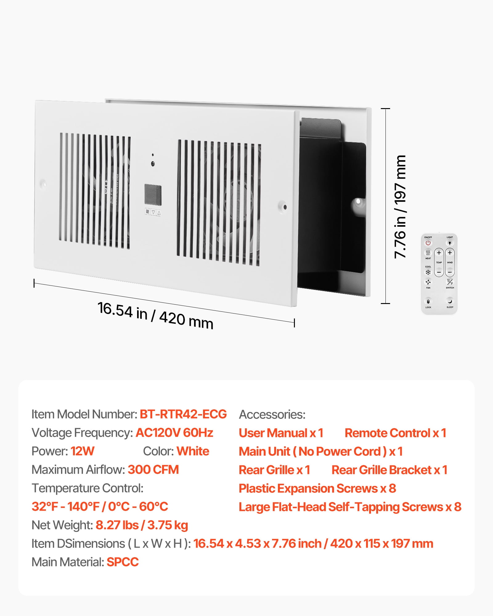 VEVOR 4-Inch Room to Room Fan, 2-in-1 300 CFM Through Wall Fan with Remote Control & Temperature Control, 10-Speed Ventilation Quiet Vent for Kitchen, Living & Laundry Room, Workshop