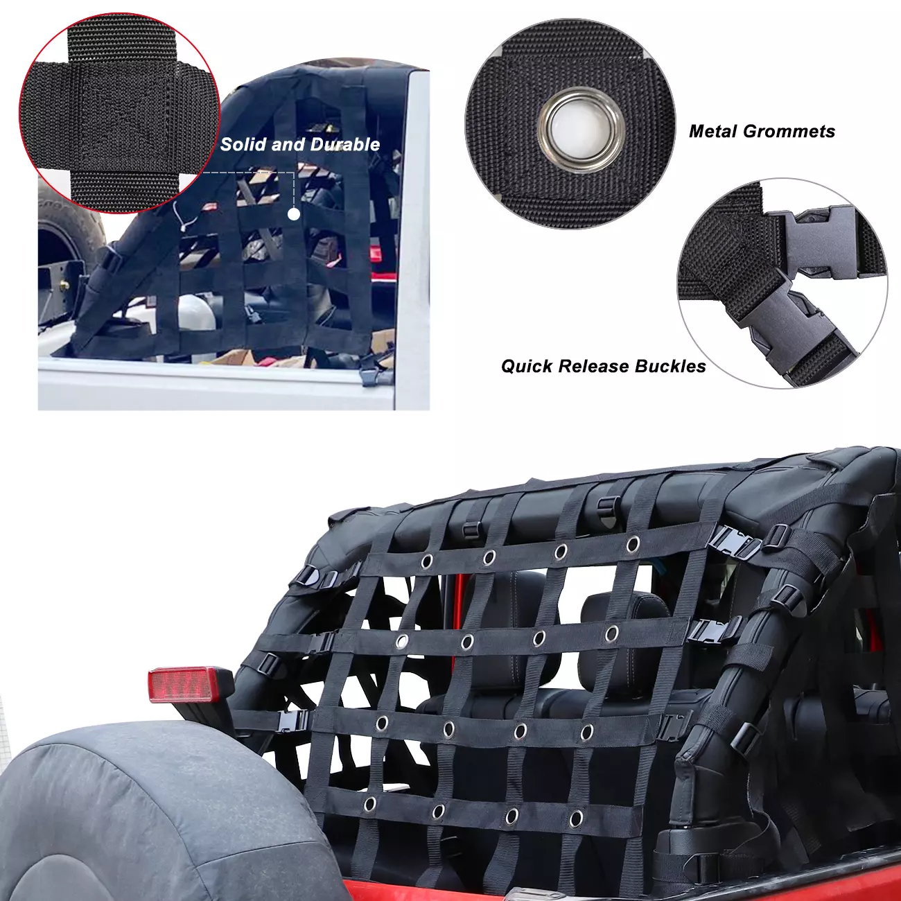 Mesh Cargo Net Storage Restraint System Accessory Compatible With For 2007-2018 Jeep Wrangler JK 4 Door(4PCS)
