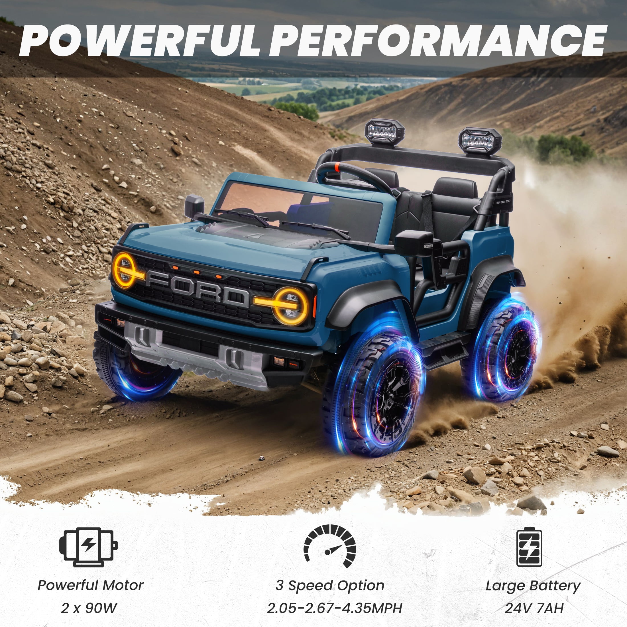 24V 2 Seater Ride on Cars for Big Kids, Licensed Ford Bronco Raptor Powered Ride on Toy Truck with Remote Control, Spring Suspension, Bluetooth, LED Light, Electric Car for Kids 3-8 Boys Girls, Blue