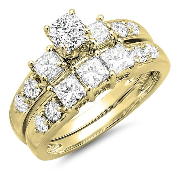 Dazzlingrock Collection 2.50 Carat (ctw) 14K Princess & Round Diamond 3 Stone Engagement Bridal Ring Set, Yellow Gold, Size 6