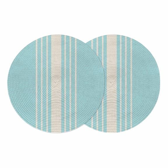 Aqua Beige Striped Round 15 Inch Placemats Set of 2, Modern Farmhouse Retro Lines HeatResistant Non Slip Place Mats for Dining Table, Wipeable Braided Kitchen Table Mats for Housewarming