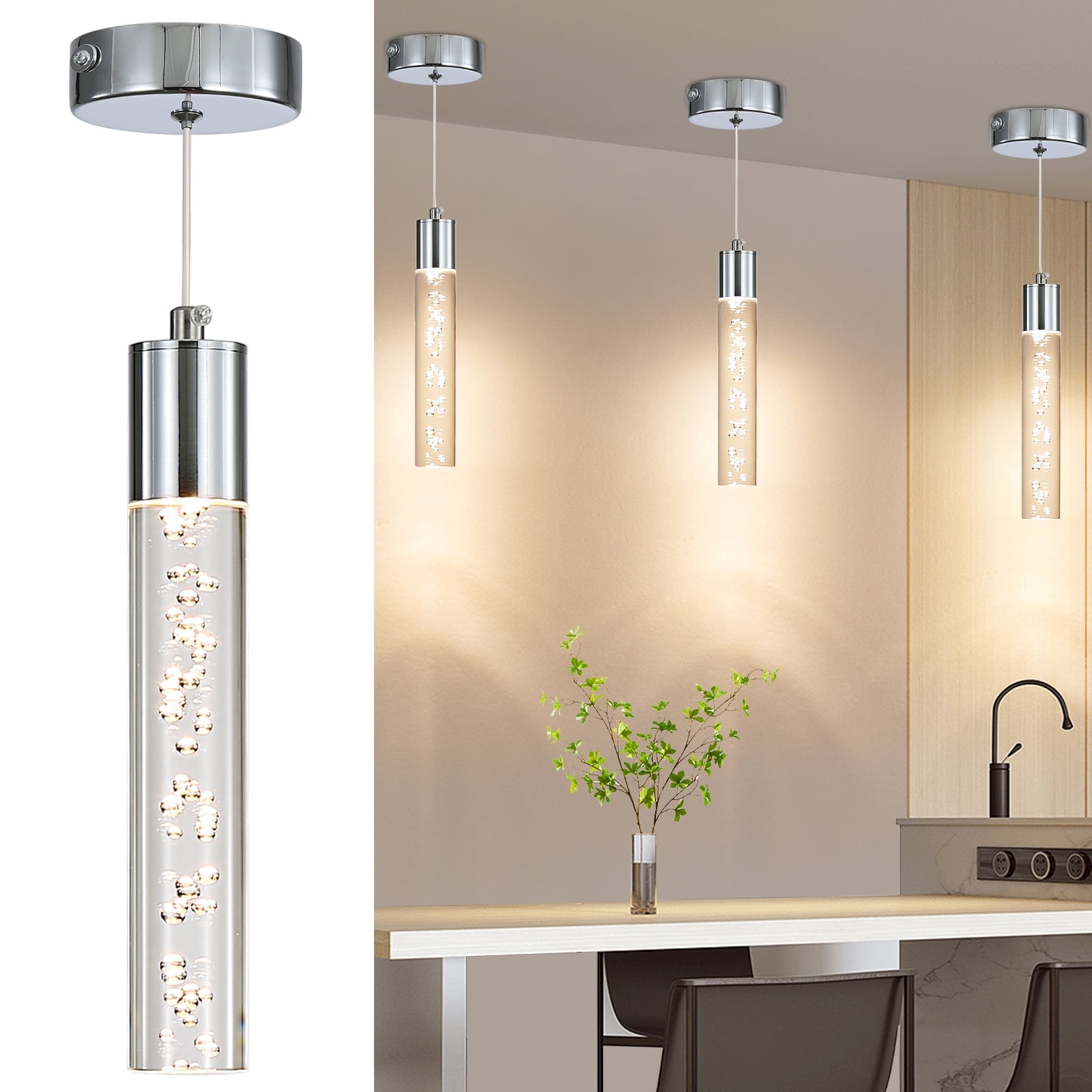 Modern Linear Pendant Light for Kitchen Island, LED Hanging Light Fixture with Bubble Acrylic, 3 Color 3000K/4500K/6500K, Mini Ceiling Chandelier Lighting for Dining Room, Bedroom, Hallway