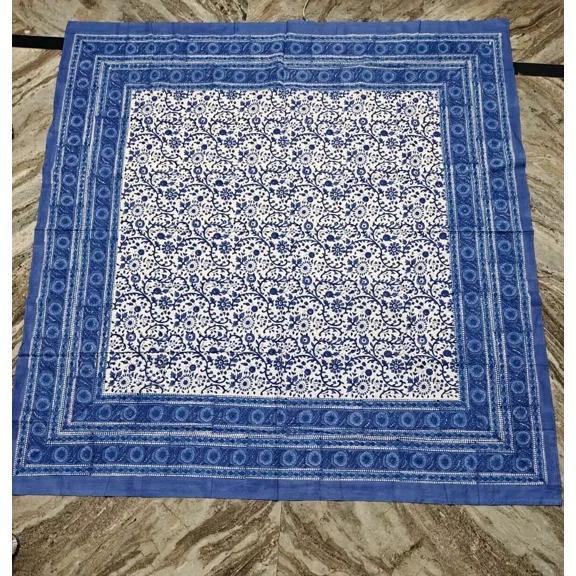 Shree Textile-25 Art Deco Block Printed 66x66 Inch Blue Floral Cotton Tablecloth