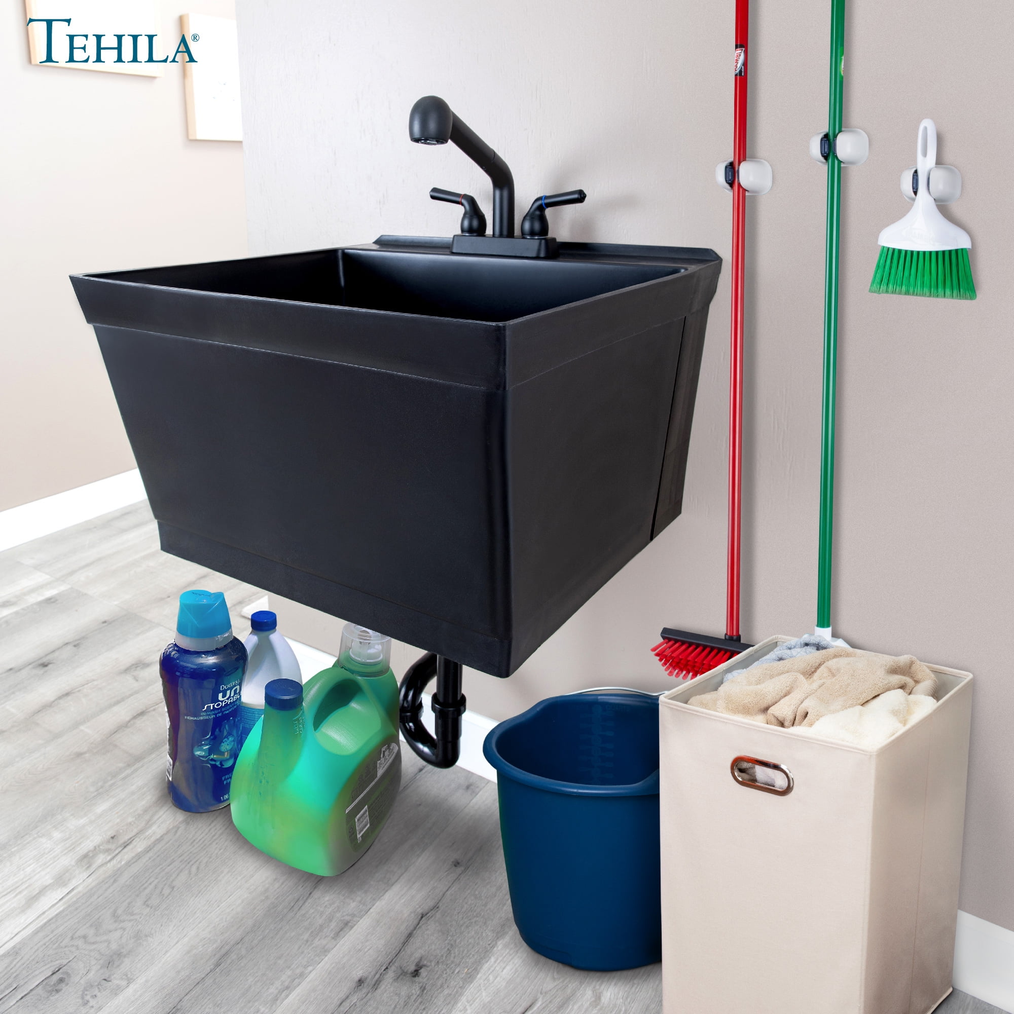 Tehila Wall Mounted Black Utility Sink with Matte Black Finish Pull-out Faucet