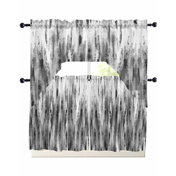Black Grey Vintage Swag Kitchen Curtains Sets for Windows 24 Inch Length, Retro Abstract Art Short Window Curtain Panels Swags Valances and Tiers 3 Piece Set for Cafe/Dining Room