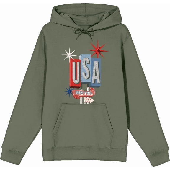Americana Vintage Motel Sign Olive Adult Long Sleeve Hoodie-Medium