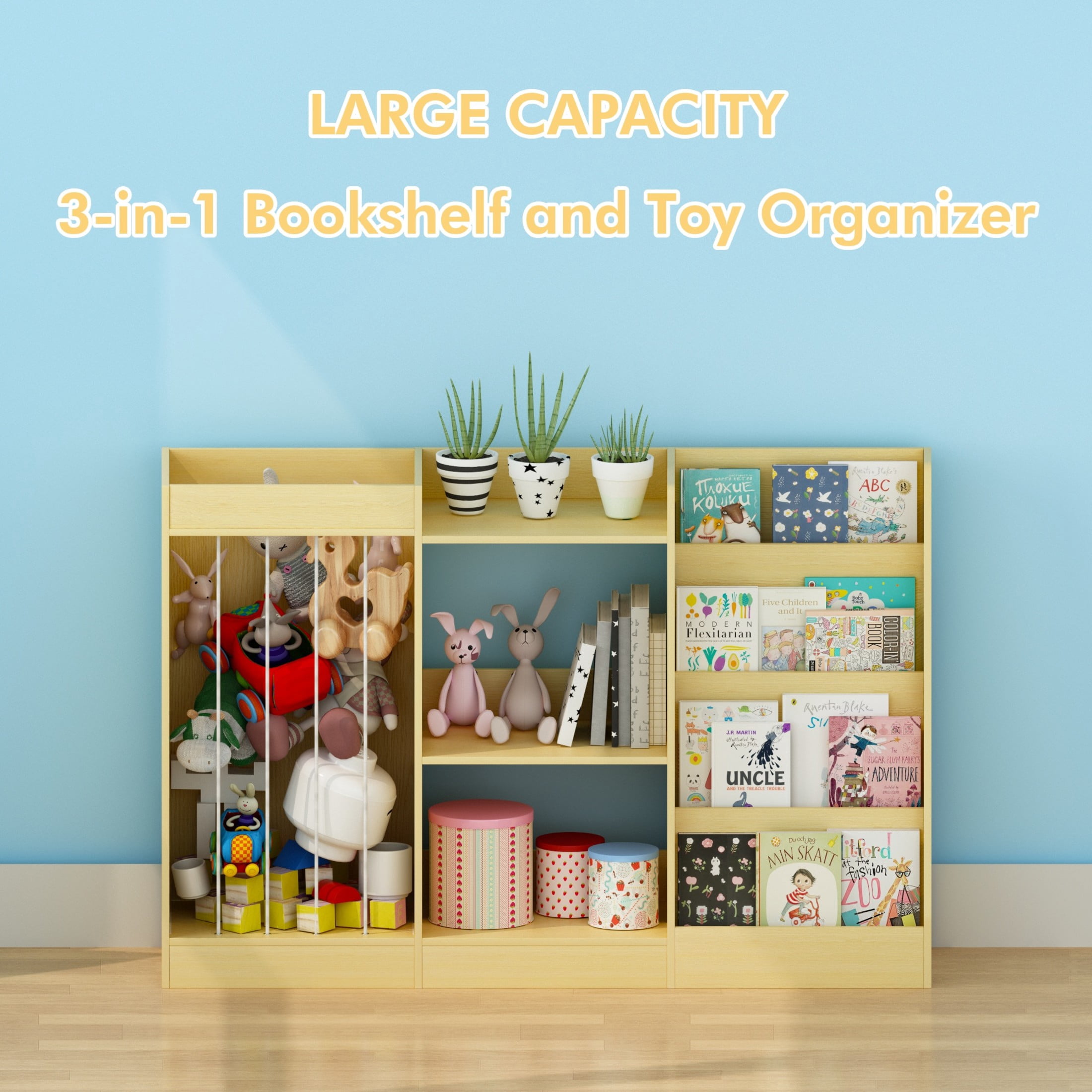 Noble House Aldo Kids 4-Tier Montessori Bookshelf & Toy Organizer, 3-in-1 Baby Storage Bookcase, Natural