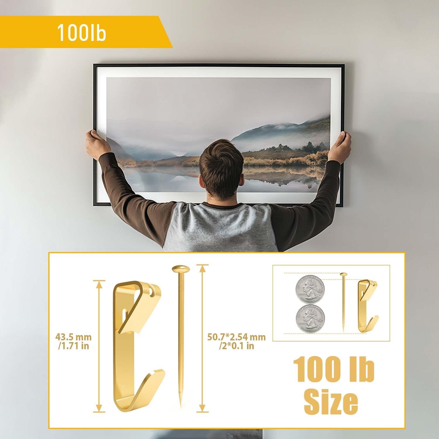 Picture Hangers Heavy Duty, Hanging Hooks Hardware for Wall, Plaster, and Drywall for Large Painting Frame, Easy Nails Set for Home Decor with Nails, Gold