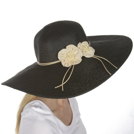 Accents Hat Pin - Sakkas Bella UPF 50+ 100% Paper Straw Flower Accent Wide Brim Floppy Hat - Black - One Size