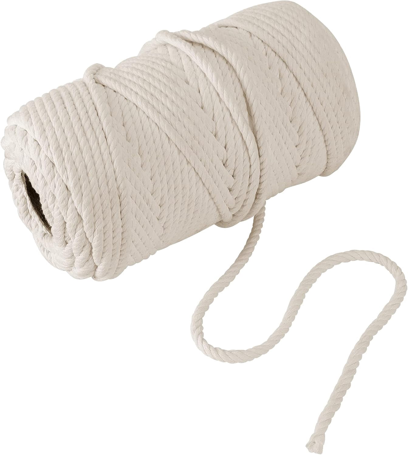 Natural Macrame Cord 6 mm x 500Ft, 4 Strand Twisted Soft Cotton Cord, 1/4 Inch Cotton Rope for DIY Knitting, Plant and Clothes Hangers, Christmas Wedding Decoration, Nutural White