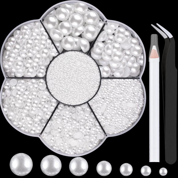 Kits de perlas semicirculares con parte posterior plana para decoración de uñas, 3, 1 caja de 5600 piezas de perlas blancas con parte posterior plana con pinza y lápiz selector para el hogar, bricolaj