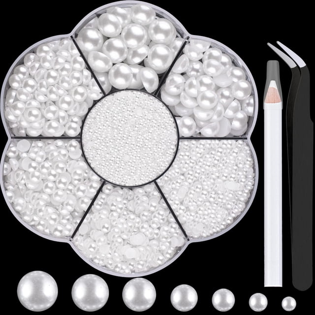 Kits de perlas semicirculares con parte posterior plana para decoración de uñas, 3, 1 caja de 5600 piezas de perlas blancas con parte posterior plana con pinza y lápiz selector para el hogar, bricolaj