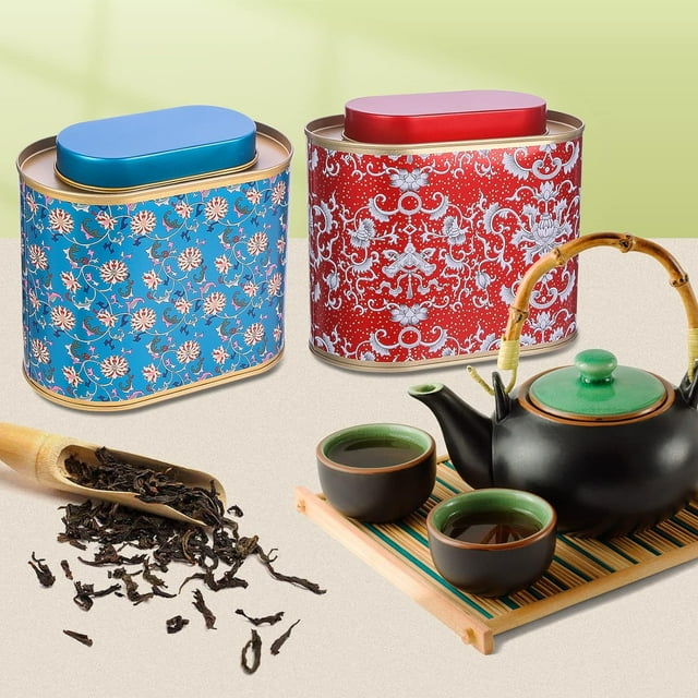 Paquete de 2 latas grandes para té suelto con tapa - Recipiente metálico sellado ovalado de 90 a 190 ml (3.53 a 7 oz) para guardar té suelto, organizador de bolsitas de té, café, dulces y hierbas.
