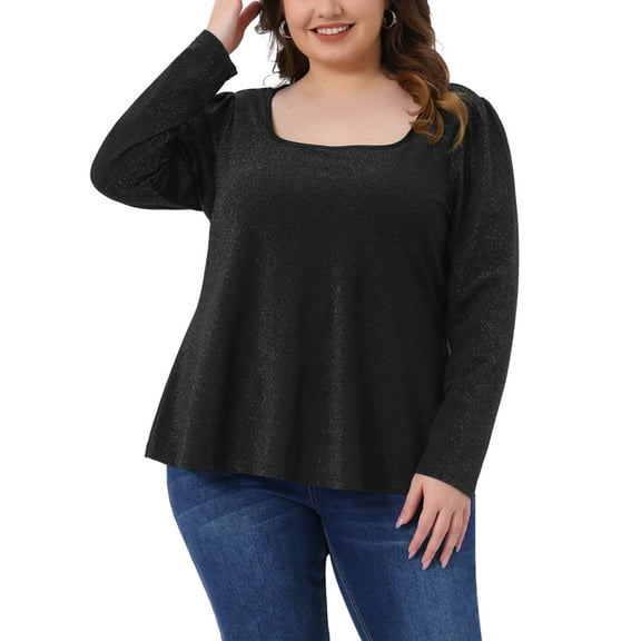 Agnes Orinda Women's Plus Size Tops Party Glitter Square Neck Long Sleeve Shiny Sparkle Blouses 1X Black