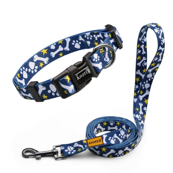 ANBEER Dog Collar and Leash Set Pet Collar Adjustable with Dog Leashes for Small Medium Large Dogs (Bone,XS)