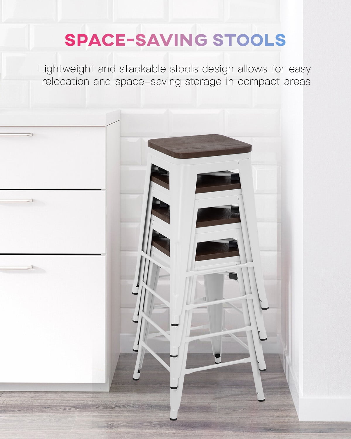 YRLLENSDAN Modern Bar Stool Set of 4 Counter Height Barstool with Back 24 Inches Seat Height Industrial Bar Chairs Indoor Outdoor Metal Kitchen Stools Restaurant Patio Stool Stackable, White