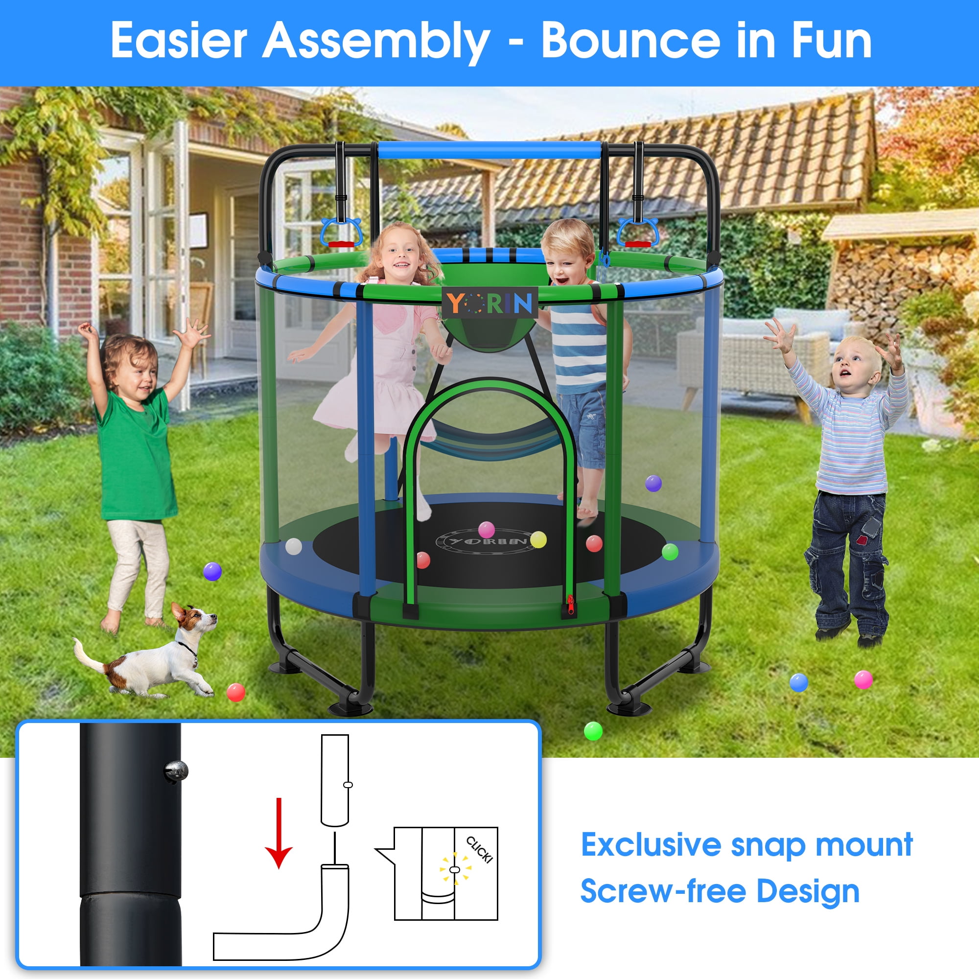 YORIN Trampoline for Kids, 55'' Toddler Mini Trampoline with Enclosure Net, Basketball Hoop, 4.5FT Indoor/Outdoor Kids Trampoline with Swing, Adjustable Gymnastics Bars, Gifts for Boys Girls, 500LBS
