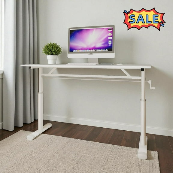 Tcbosik 23.6" - 35.4" Height Adjustable Stand Up Desk, Manual Standing Computer Desk with Crank Handle, 47.2" Gaming Table for Home Office, Easy Assembly, White