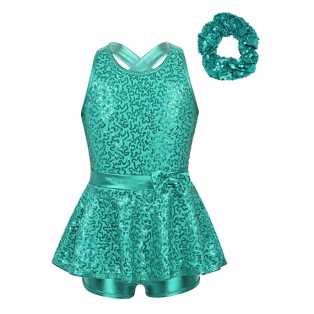 Miaeowve Kids Girls Ballet Dance Outfits Shiny Sequins Bowknot Cutout Back Gymnastic Leotard Dress Jazz Latin Dancewear Lake Green 12