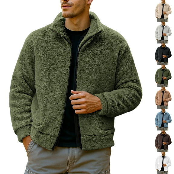2 Pack Fleece Jackets for Men with Pockets Zip Up Stand Collared Sherpa Coats Mens Casual Solid Color Long Sleeve Thermal Warm Outerwear Jacket & Coat