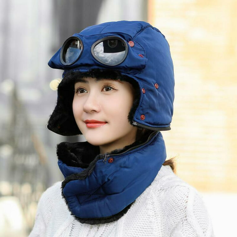 Winter Thermal Trapper Hat with Glasses Winter Cycling Windproof Ski Mask  Cap.