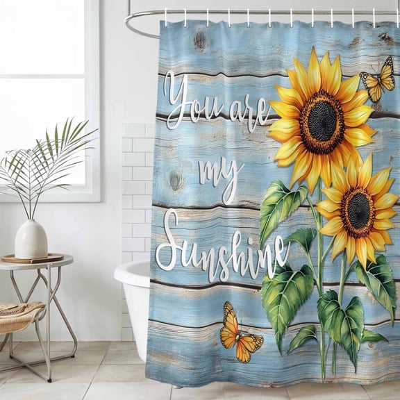Yellow Sunflower Waterproof Fabric Shower Curtain,Butterfly Sunshine Blue Farmhouse Wood Waterproof Fabric Shower Curtain for Bathroom Curtains Bathtubs Shower Curtains with 12 Hooks Extra Long 72x84