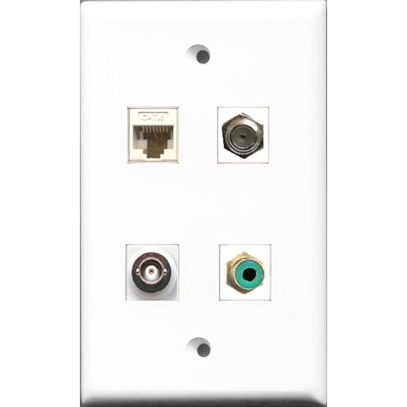 RiteAV 1 Port RCA Green and 1 Port Coax Cable TV- F-Type and 1 Port BNC and 1 Port Cat6 Ethernet White Wall Plate