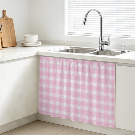 Cabinet Curtains 11 W x 13 L Pink Checkered Sink Skirt for Bathroom Kitchen Self Adhesive Farmhouse Plaid Buffalo Elegant Desk Privacy Short Curtain for Pantry Storage Coffee Bar