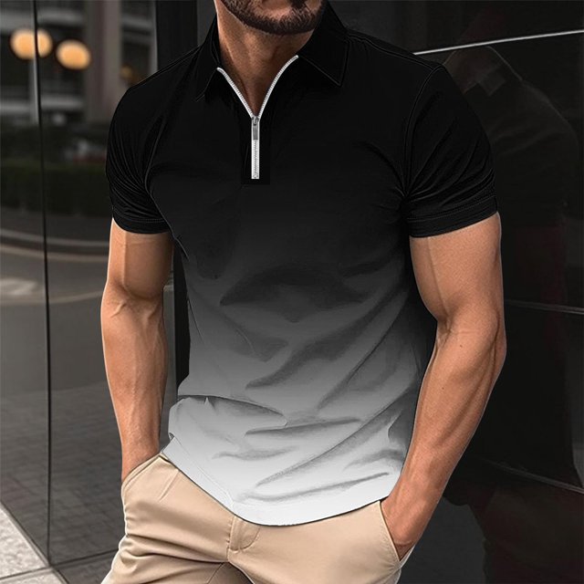T-Shirt à Manches Courtes Imprimé Décontracté pour Hommes Col Rabattu Fermeture Éclair