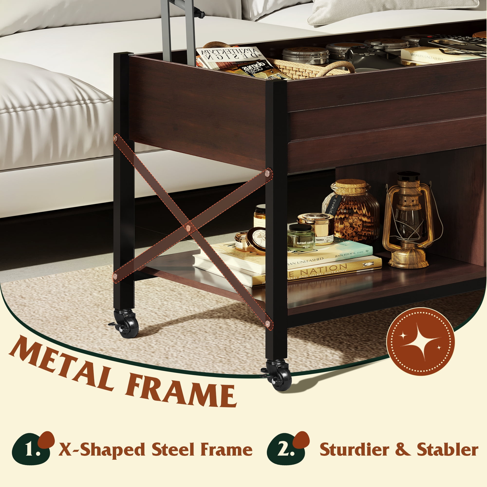 GALAXHERO Coffee Table, 41.3" Lift Top Coffee Table with 4 Wheels, Hidden Compartment, Storage Shelf and Lift Tabletop for Living Room, Reception Room, Espresso