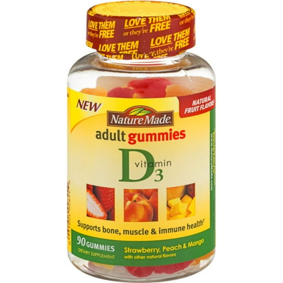Nature Made Vitamin D3 Adult Gummies, Strawberry, Peach & Mango 90 ea (Pack of 3)