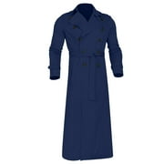 POROPL Blue Trench Coat for Men Winter Solid Color Warm Lapel Coat Business Long Trench Coat Size M