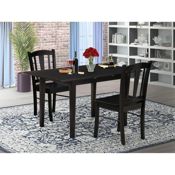 East West Furniture NFDL3-BLK-W - 3-Piece Kitchen Dining Room Set- 2 Modern Dining Chairs with Wooden Seat and Slatted Chair Back - Butterfly Leaf Rectangular Dining Table (Black Finish)