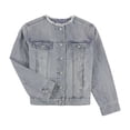 thumbnail image 1 of Michael Kors Womens Collarless Frayed Denim Jean Jacket, Blue, Plus Size, 3X, 1 of 2