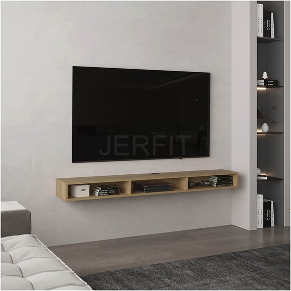 JERFIT Modern TV Stand for TVs up to 65", Natural Wood Console Table with 3 Open Shelves, Engineered Wood Media Entertainment Center for Living Room