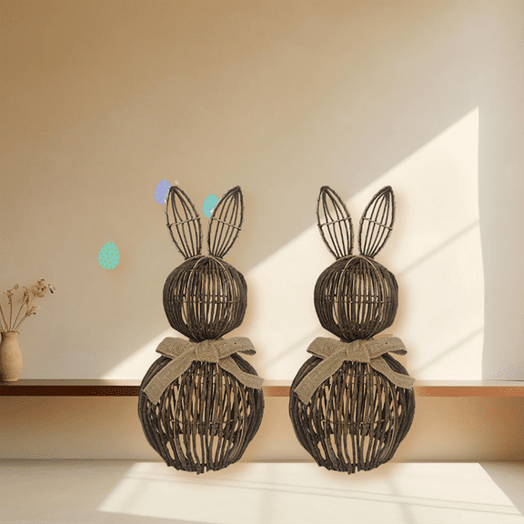 Natural Rattan Handwoven Bunny Easter Woven Basket, Handwoven By Artisans With Charming Bunny Silhouette And Bowknot Accents, Designed For Easter Celebrations Home Decor And